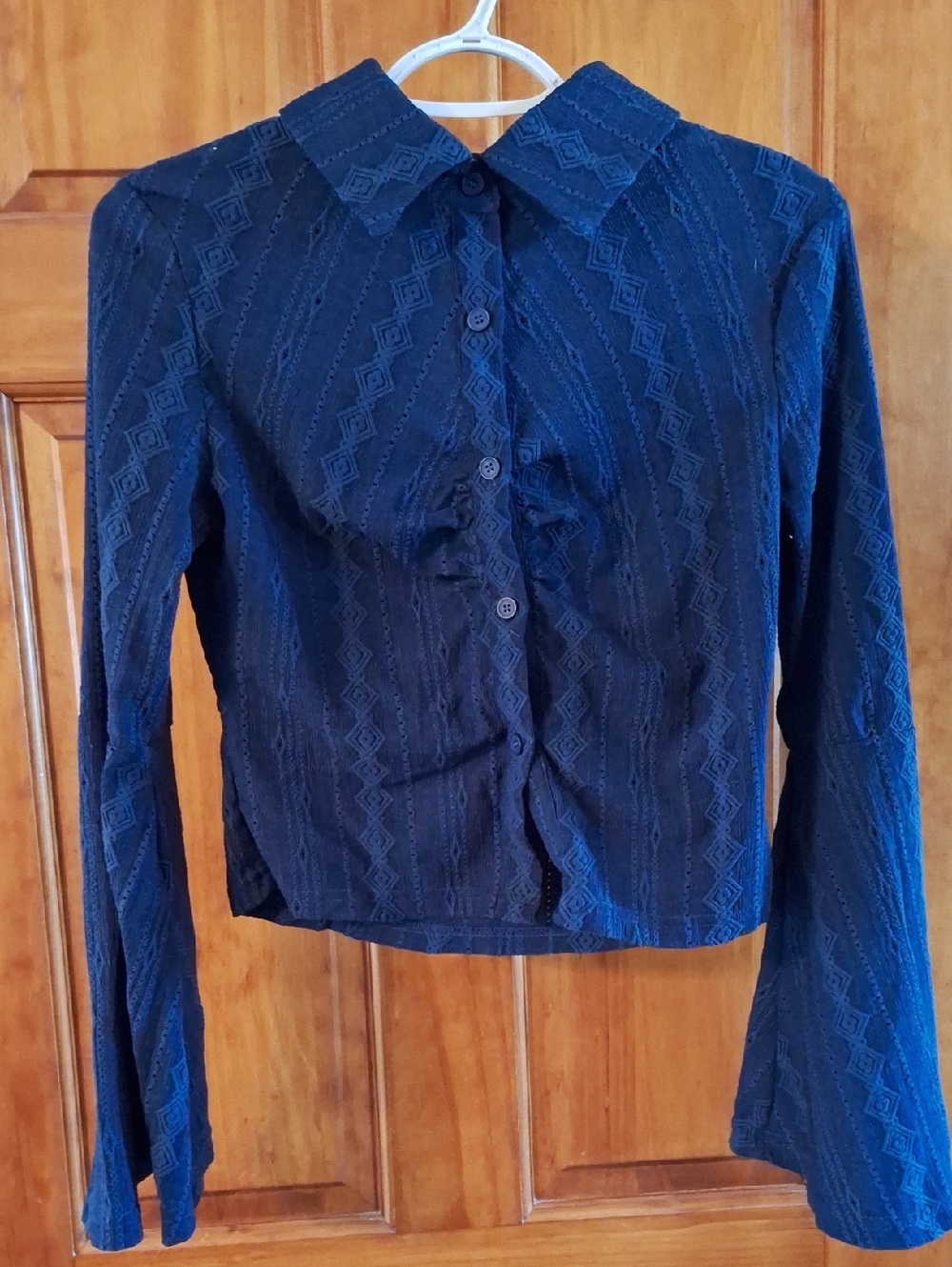 Womens Navy Button-Front Long Bell Sleeve Top Cider S Small